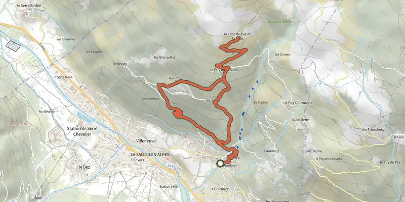 Carte du tracé de La Cime de Puy la Salle sur le Plan IGN, départ et points de passage numérotés