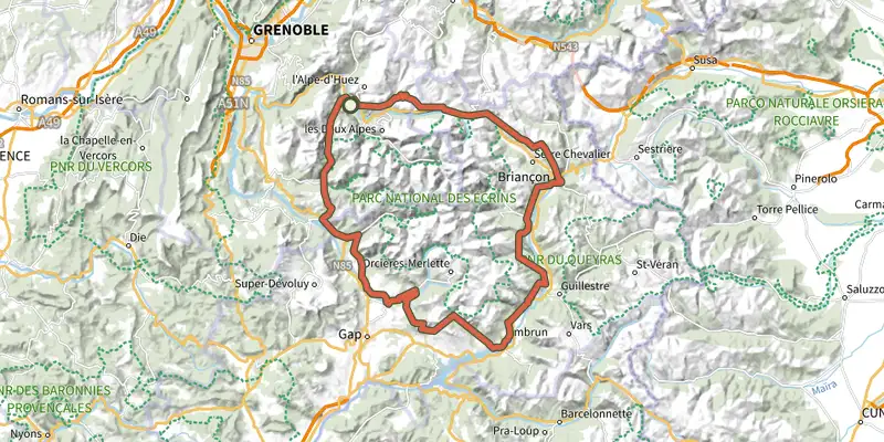 Map of the Grand Tour des Ecrins VTT- Grande Traversée VTT-FFC track on the IGN map, with the start and numbered waypoints