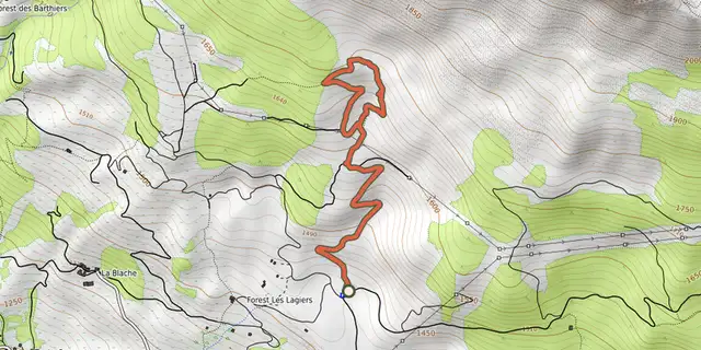 The [Sens Action] - Les géants de pierre (the stone giants) and the lion de Salados (lion of Salados) track on the OpenTopoMap map
