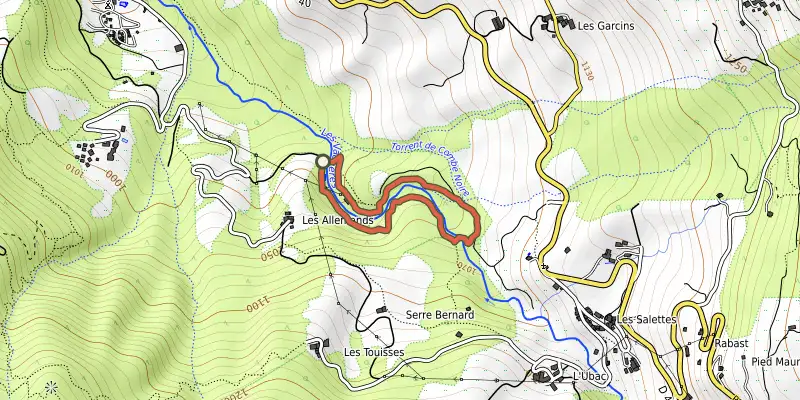 Carte du tracé de Les mille cascades sur le Plan IGN, départ et points de passage numérotés