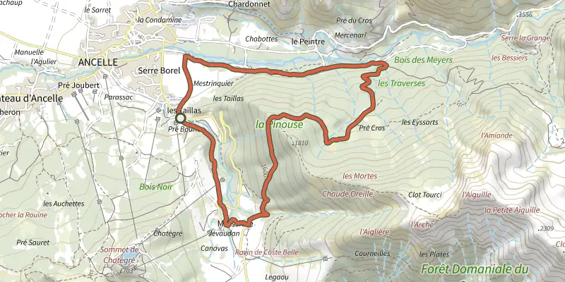 Map of the La Pinouse track on the IGN map, with the start and numbered waypoints