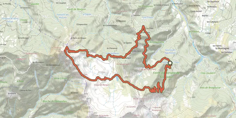Carte du tracé de Boucle du Morgon sur le Plan IGN, départ et points de passage numérotés