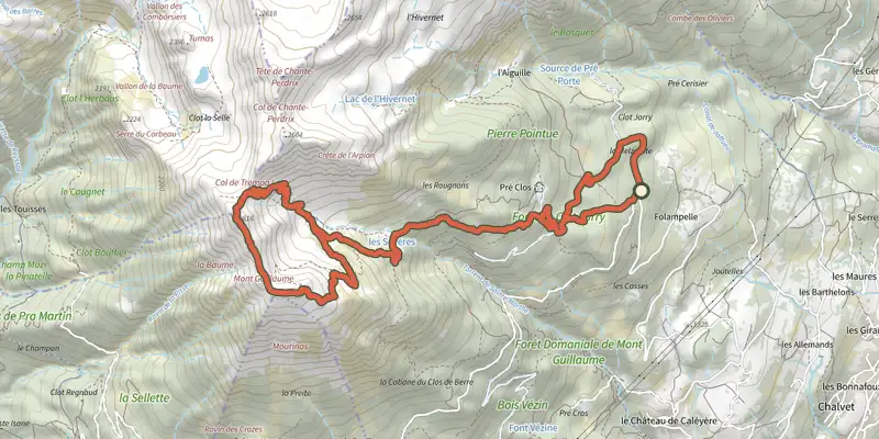 Map of the Mont Guillaume track on the IGN map, with the start and numbered waypoints