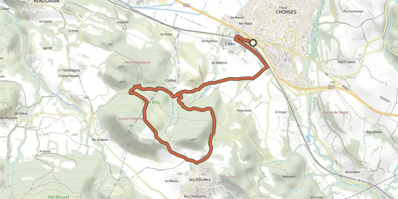 Map of the Le petit bois track on the IGN map, with the start and numbered waypoints