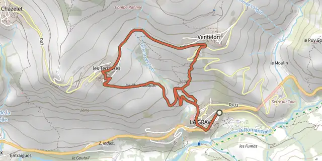 Tracé de De La Grave au hameau de Ventelon sur le Plan IGN