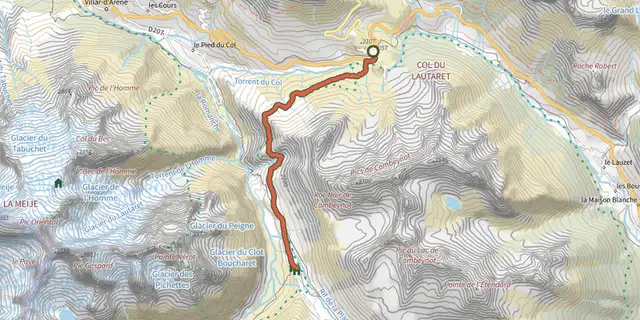 Tracé de Le Plan de l'Alpe de Villar par le sentier des Crevasses sur le Plan IGN