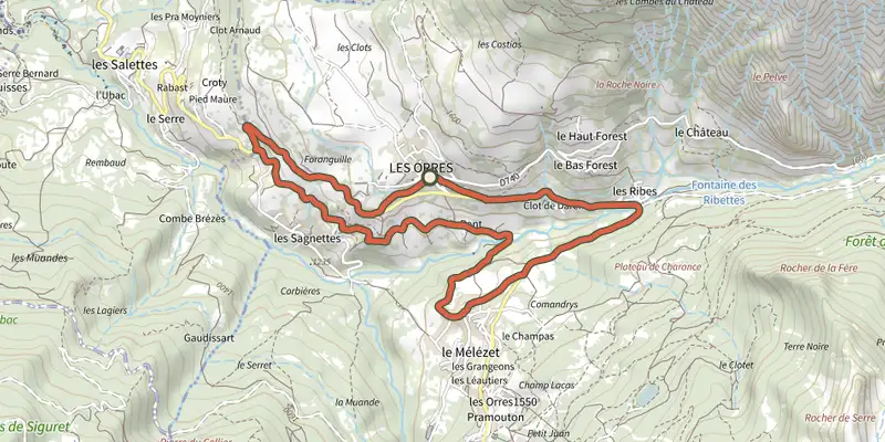 Map of the The hamlets of Les Orres track on the IGN map, with the start and numbered waypoints