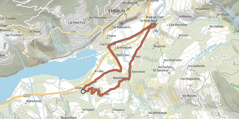 Map of the Les hauteurs de Crots track on the IGN map, with the start and numbered waypoints