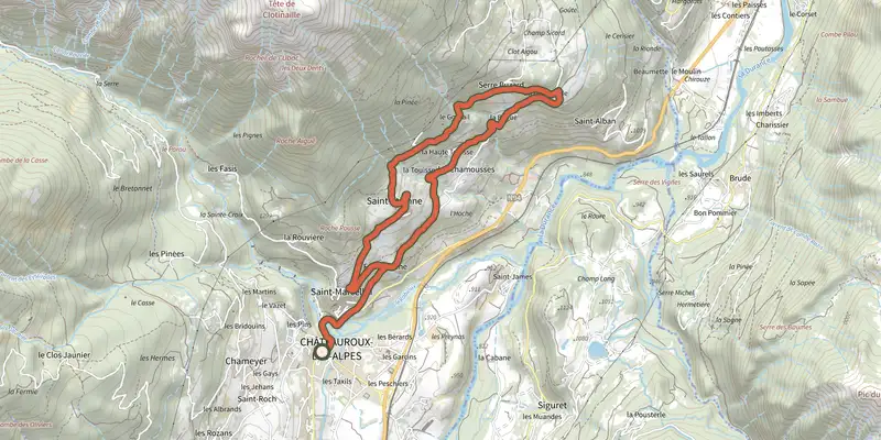 Carte du tracé de Les balcons de Saint-Marcellin sur le Plan IGN, départ et points de passage numérotés