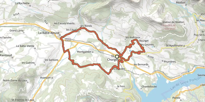 Carte du tracé de Les balcons de Chorges sur le Plan IGN, départ et points de passage numérotés
