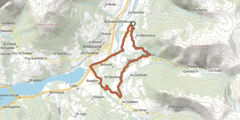 Carte du tracé de Les balcons de Saint-André d’Embrun sur le Plan IGN, départ et points de passage numérotés