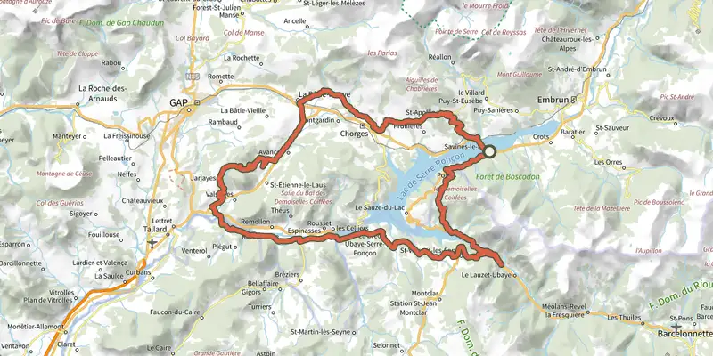Map of the Les Trois Rivières track on the IGN map, with the start and numbered waypoints
