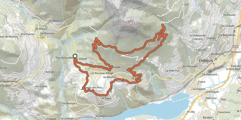 Map of the Loop 50 - Les Puy track on the IGN map, with the start and numbered waypoints