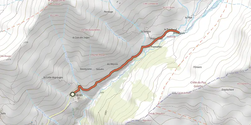Carte du tracé de Des Hières au hameau de Valfroide sur le Plan IGN, départ et points de passage numérotés