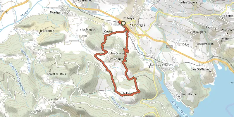 Map of the Le Fein track on OpenTopoMap, with the start and numbered waypoints