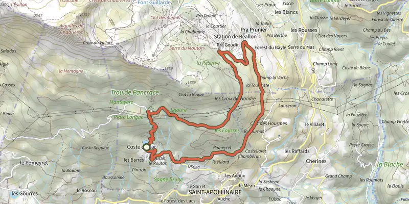 Map of the Le lac de Saint-Apollinaire track on the IGN map, with the start and numbered waypoints