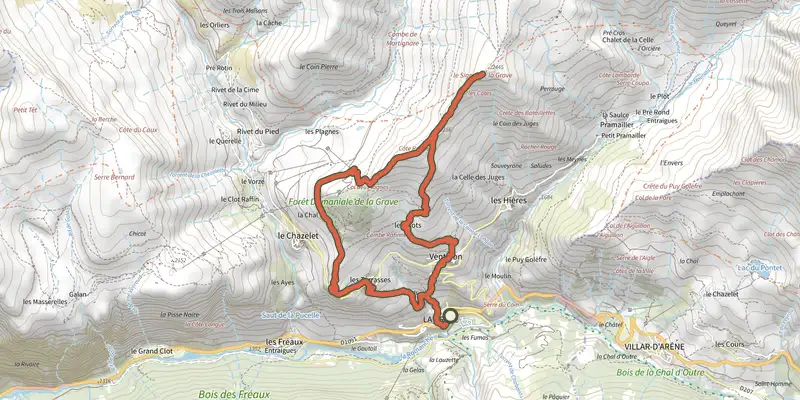 Map of the Le Signal de La Grave track on OpenTopoMap, with the start and numbered waypoints