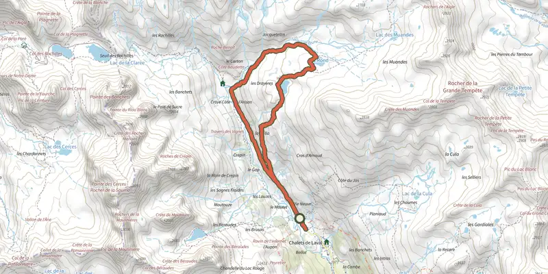 Carte du tracé de Boucle du lac Long et lac Rond des Muandes sur le Plan IGN, départ et points de passage numérotés
