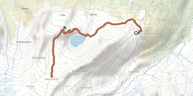 Map of the Brèche Pacave départ téléphérique 2400 track on the IGN map, with the start and numbered waypoints