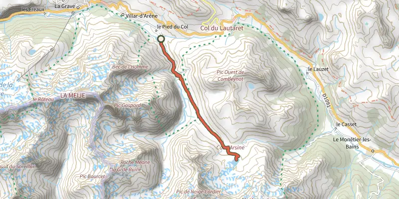 Carte du tracé de Les lacs d'Arsine par Villar d'Arène sur le Plan IGN, départ et points de passage numérotés