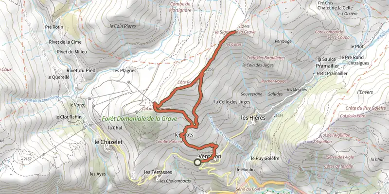 Map of the Boucle du Signal depuis Ventelon track on the IGN map, with the start and numbered waypoints