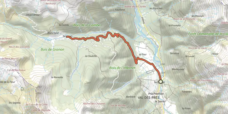 Carte du tracé de Les Chalets du Granon sur le Plan IGN, départ et points de passage numérotés