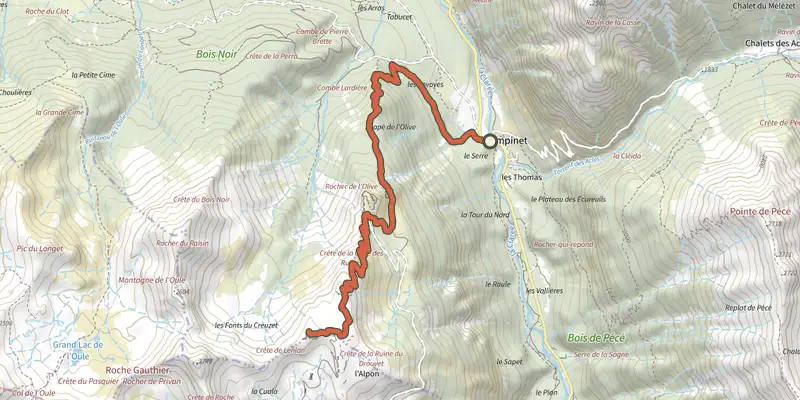Map of the Fort de Lenlon par le Fort de l'Olive track on the IGN map, with the start and numbered waypoints