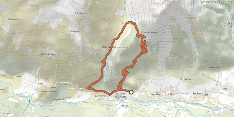 Map of the La boucle du Creux des Souches track on the IGN map, with the start and numbered waypoints
