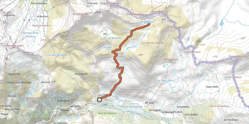 Map of the Lac Gignoux track on the IGN map, with the start and numbered waypoints