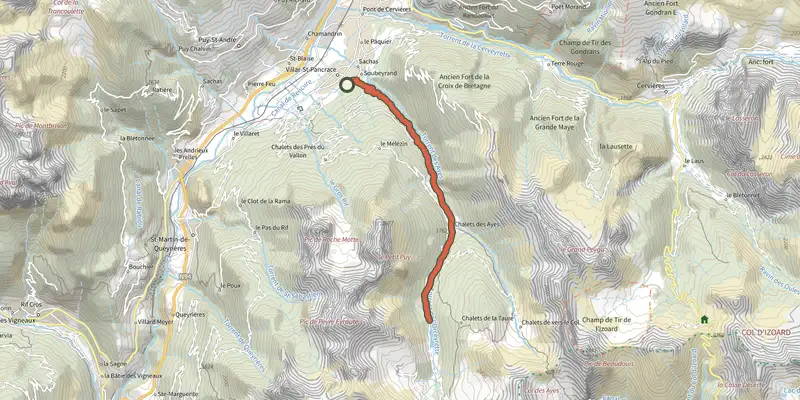 Map of the Lac de l'Orceyrette depuis le Centre Montagne track on the IGN map, with the start and numbered waypoints
