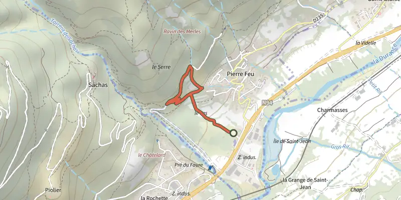 Carte du tracé de Sentier d'art de Puy-Saint-André sur le Plan IGN, départ et points de passage numérotés