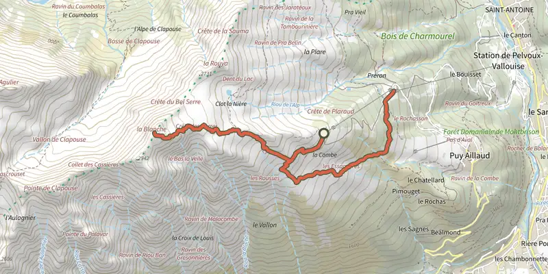 Carte du tracé de La Blanche sur le Plan IGN, départ et points de passage numérotés