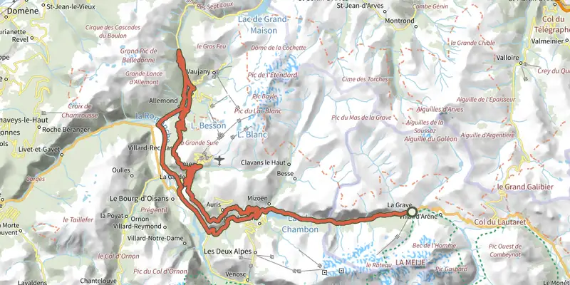 Map of the De La Grave au Lac du Verney par les balcons de l'Oisans track on the IGN map, with the start and numbered waypoints