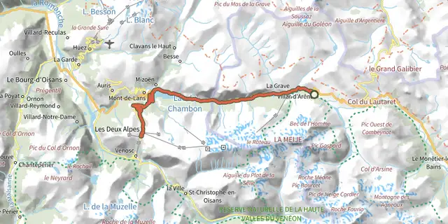 The De Villar d'Arène aux Deux Alpes track on the IGN map
