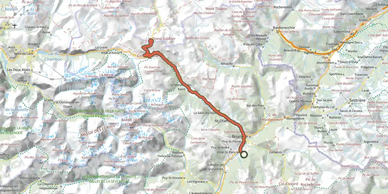 Map of the De Villard-Saint-Pancrace au col du Galibier track on the IGN map, with the start and numbered waypoints