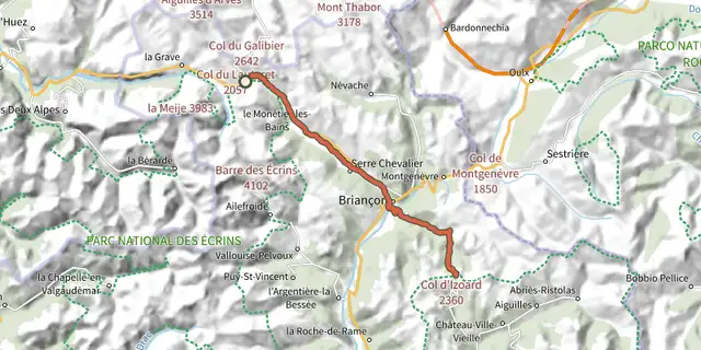 The Du Col du Lautaret au Col de l'Izoard track on the OpenTopoMap map