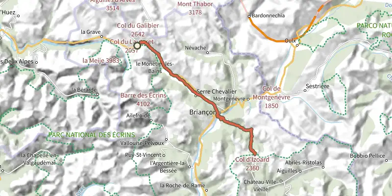 Carte du tracé de Du Col du Lautaret au Col de l'Izoard sur le Plan IGN, départ et points de passage numérotés