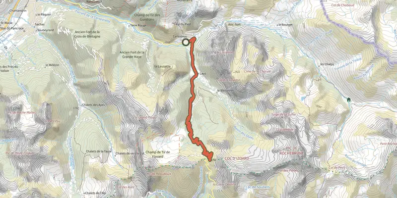 Map of the Ascension du Col de l'Izoard track on the IGN map, with the start and numbered waypoints