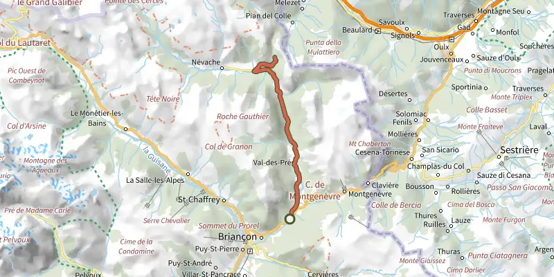 Carte du tracé de Ascension du Col de l'Échelle depuis La Vachette sur le Plan IGN, départ et points de passage numérotés