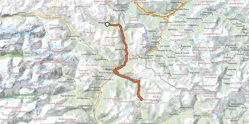 Map of the De Névache au col de l'Izoard track on the IGN map, with the start and numbered waypoints