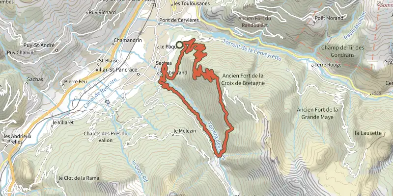 Carte du tracé de La grande boucle du fort de la Croix de Bretagne sur le Plan IGN, départ et points de passage numérotés