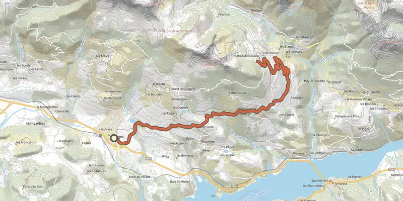 Map of the Montée de Réallon depuis Chorges track on the IGN map, with the start and numbered waypoints