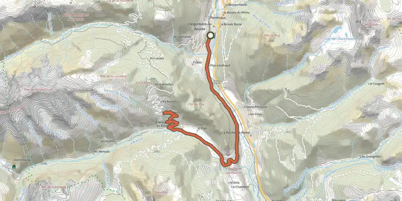 Carte du tracé de L'argentière La Bessée - Les Roberts sur le Plan IGN, départ et points de passage numérotés