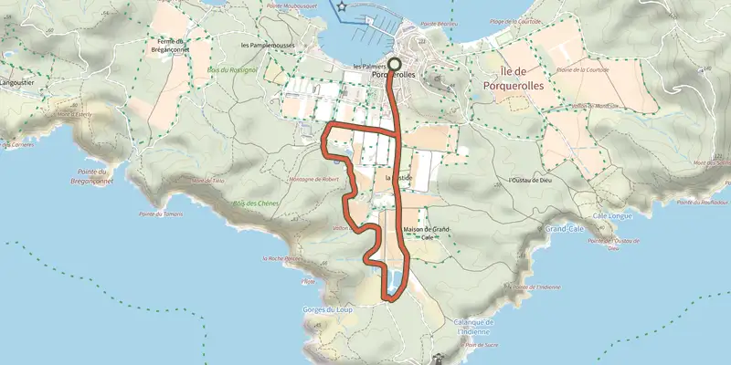 Map of the Circuit de l'eau track on the IGN map, with the start and numbered waypoints