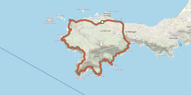 Map of the Circuit de la pointe ouest de la Presqu’île de Giens track on the IGN map, with the start and numbered waypoints
