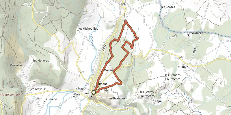 Carte du tracé de Sault - Le Bois du Défends à VTT sur le Plan IGN, départ et points de passage numérotés