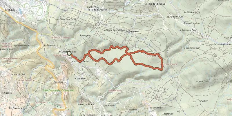 Carte du tracé de Le Beausset - Tête de Cade sur le Plan IGN, départ et points de passage numérotés