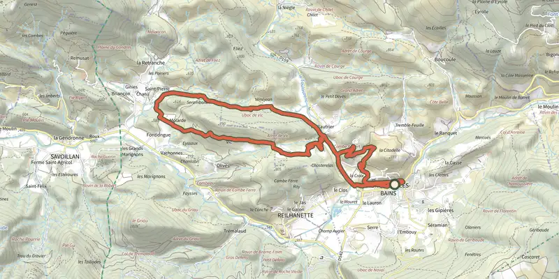Carte du tracé de Montbrun-les-Bains - Le tour de Vic sur le Plan IGN, départ et points de passage numérotés