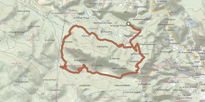 Map of the Méounes - Les aiguilles de Valbelle track on OpenTopoMap, with the start and numbered waypoints