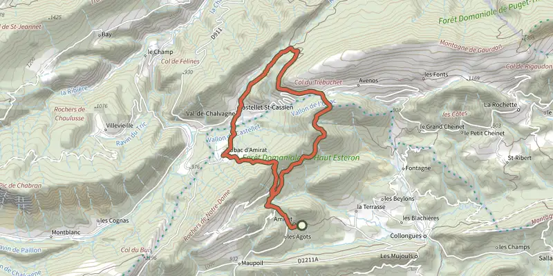 Map of the Amirat - Col du trébuchet track on the IGN map, with the start and numbered waypoints